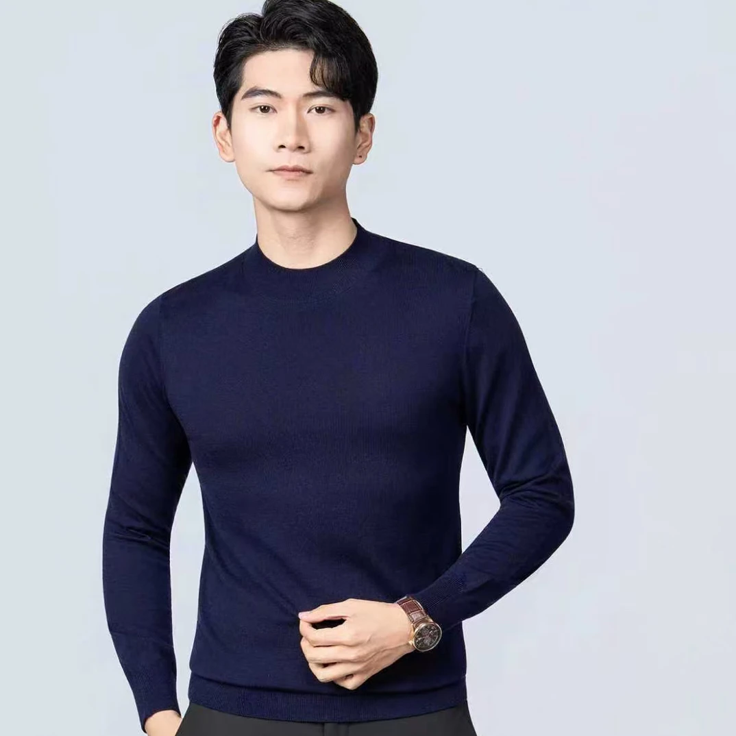 1808男士半高领衫精纺羊毛纯色修身打底针织衫可机洗