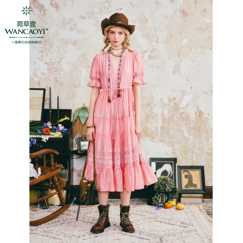 菀壹新款浪漫泡泡袖中长款a字连衣裙时尚复古Q09850421