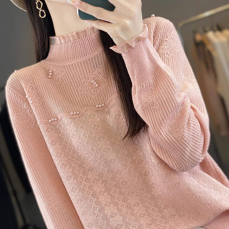 春秋蕾丝钉珠羊毛衫木耳边小香风羊绒内搭针织衫半高领毛衣打底衫