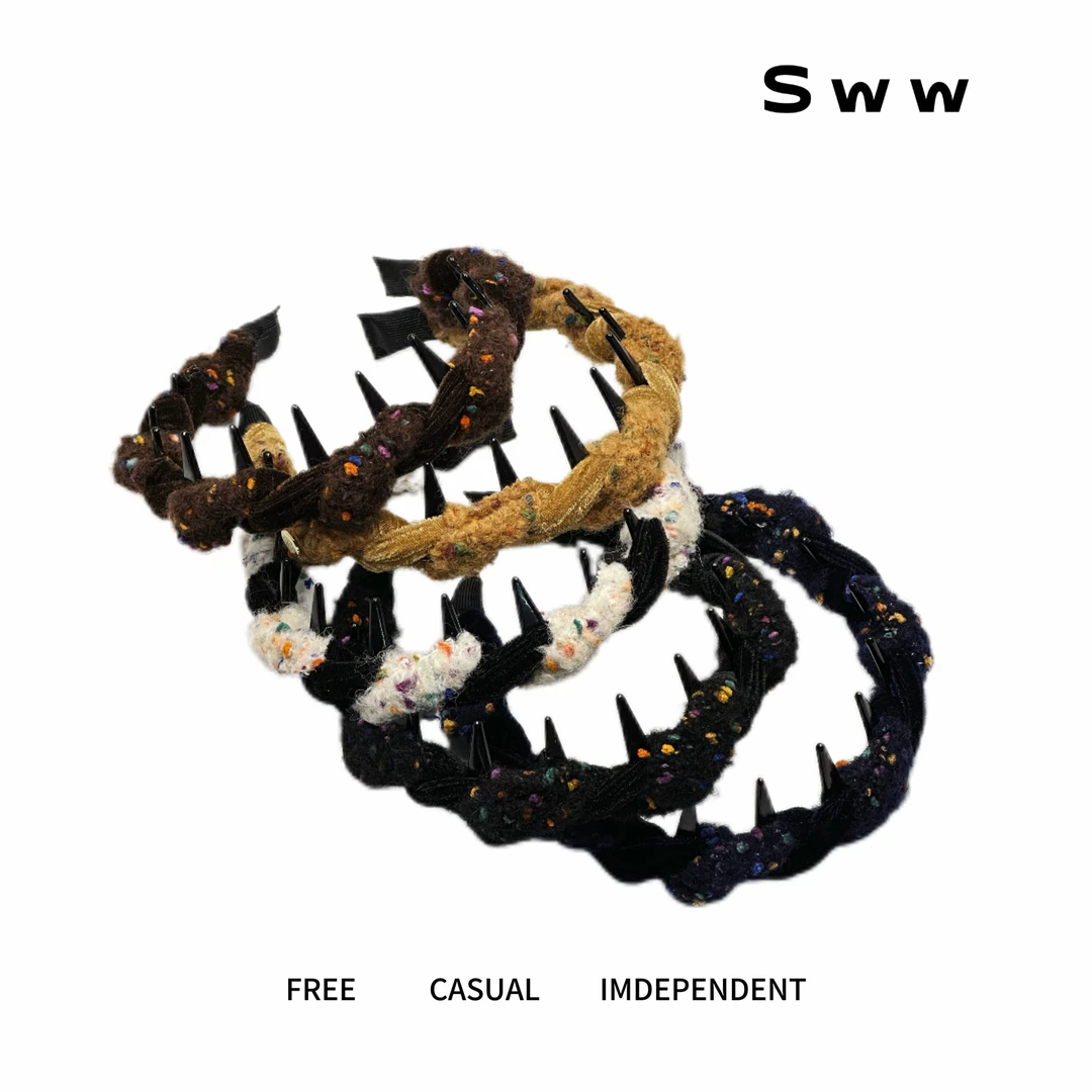 SWW新款秋冬波浪毛呢撞色拼接高颅顶简约韩系蓬松正反两戴发箍