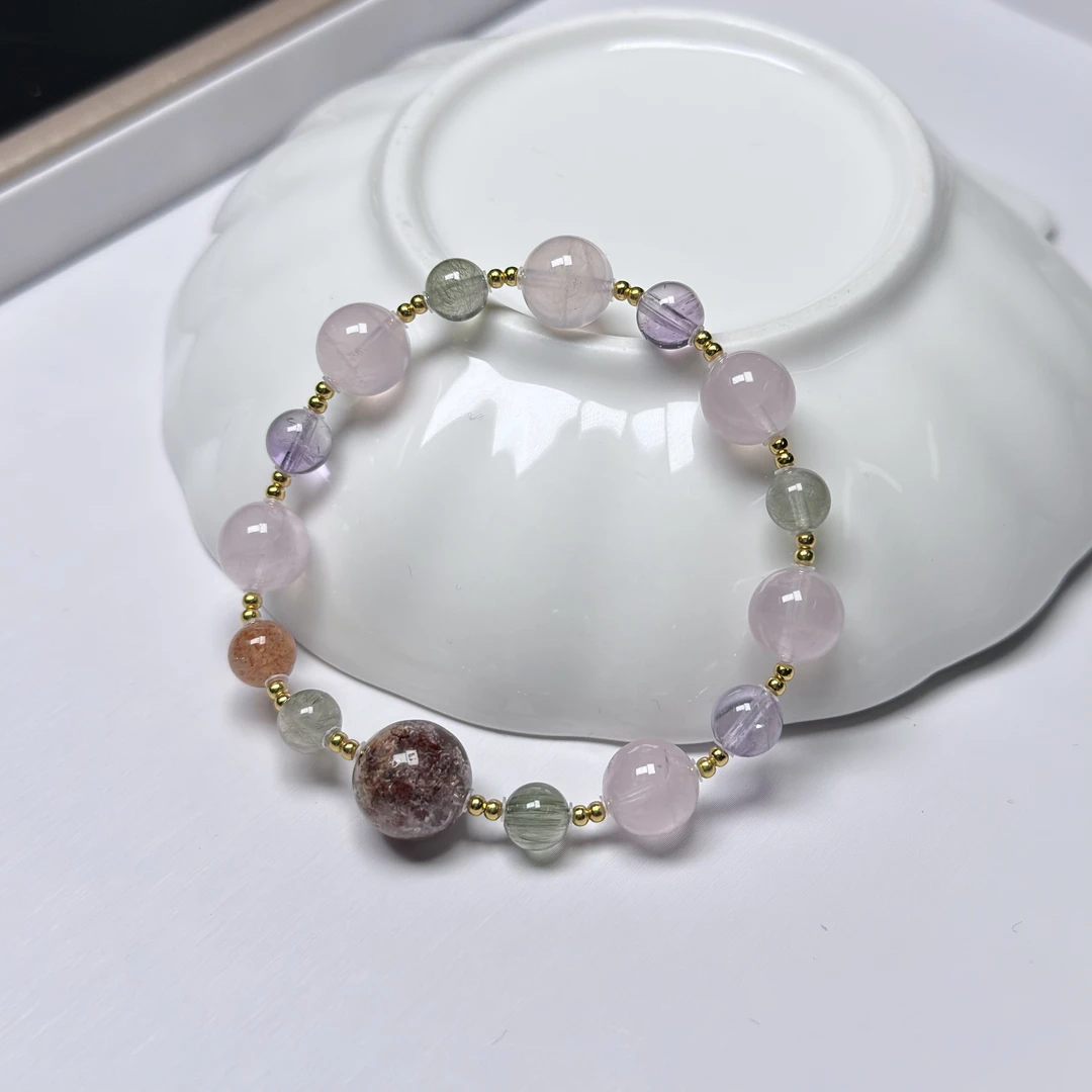 【春知】S084绿幽灵+粉水晶+金太阳s925银手串（多样性发货）