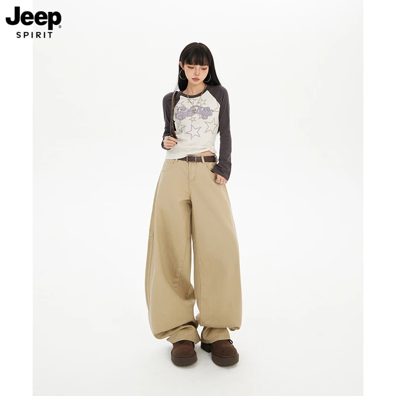 Jeep吉普美式复古高腰卡其色牛仔裤女夏新款宽松百搭香蕉裤阔腿裤