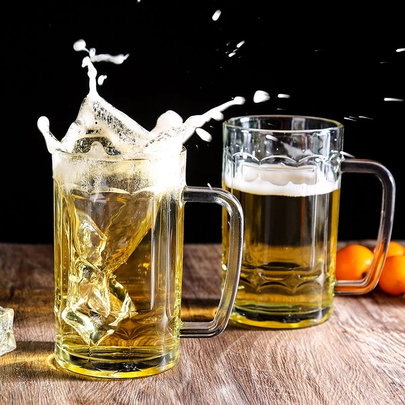 玻璃啤酒杯扎啤杯子家用大容量菠萝把手水杯加厚带把泡茶杯