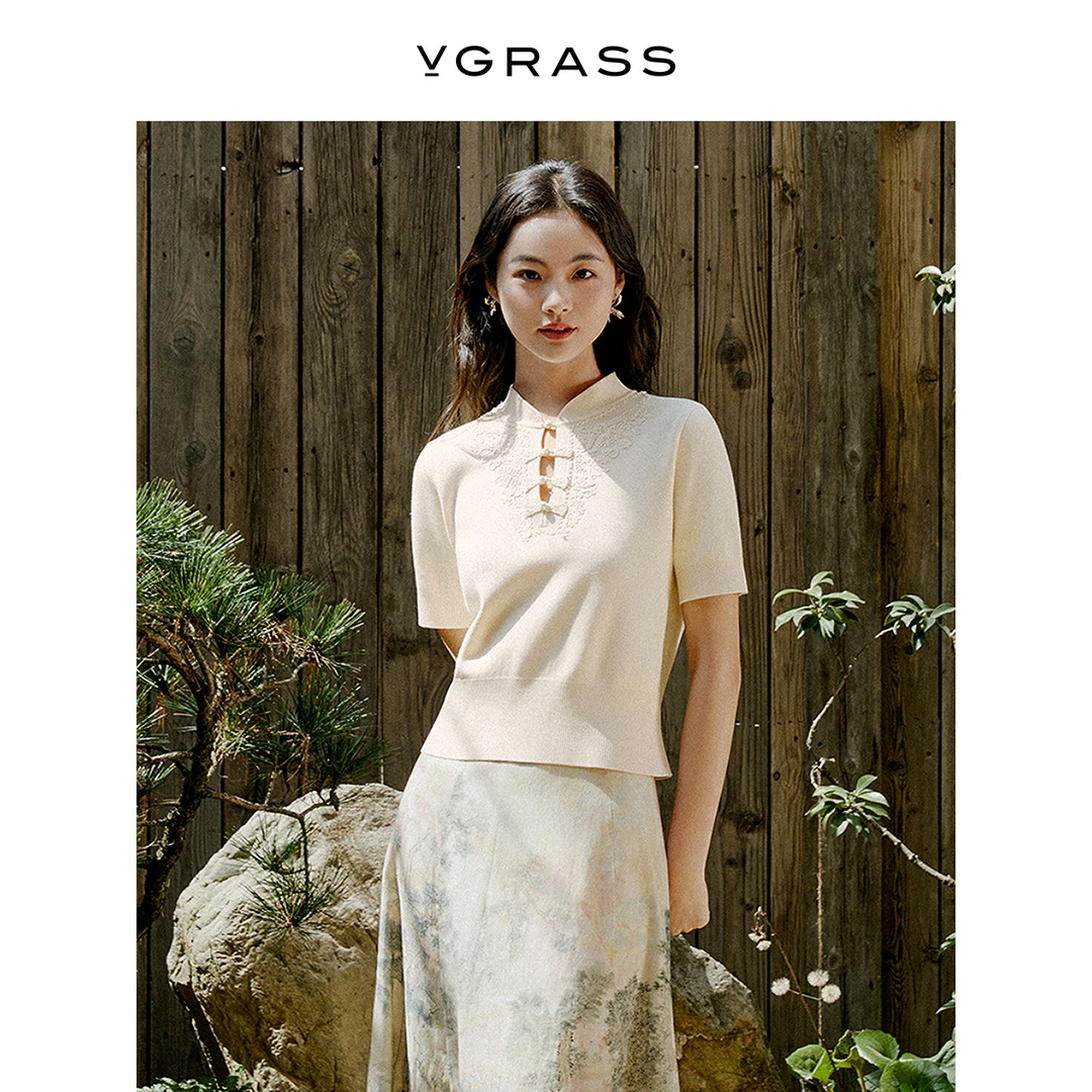 VGRASS定位水溶蕾丝毛针织衫夏季新款舒适正肩合身上衣VZZ3P2421A