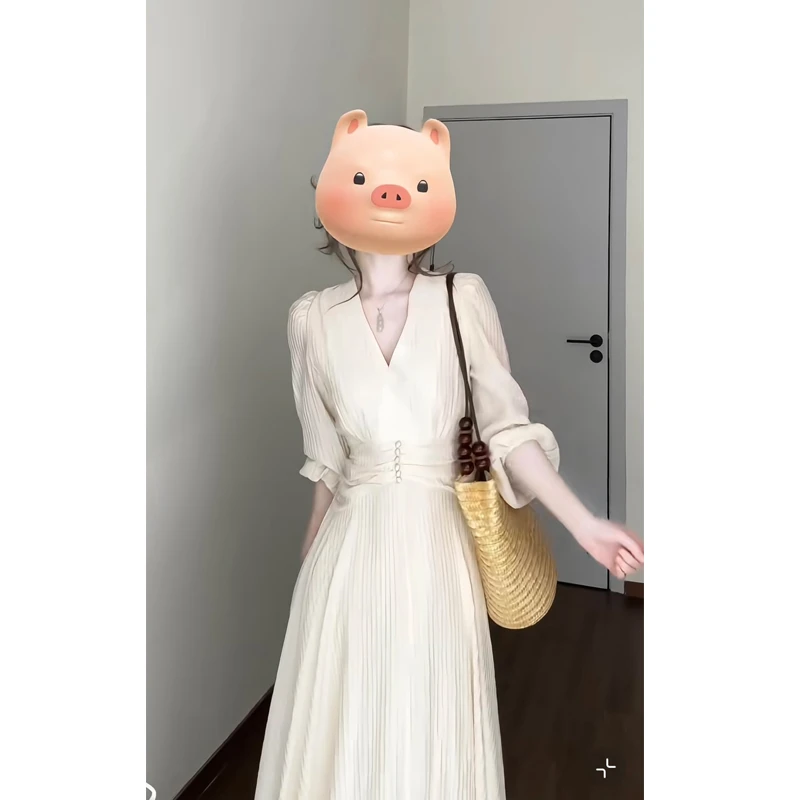 大码【新月】法式优雅V领长袖收腰显瘦连衣裙春夏新款气质A字长裙仙