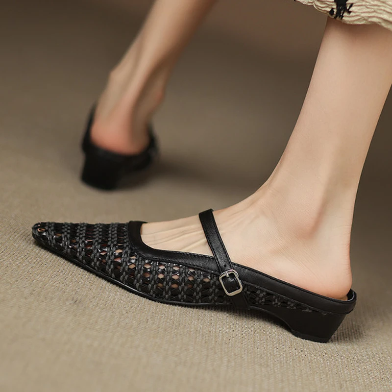 镂空春夏女鞋子女款潮牌百搭小众鞋子小方头编织包头拖鞋女鞋外穿