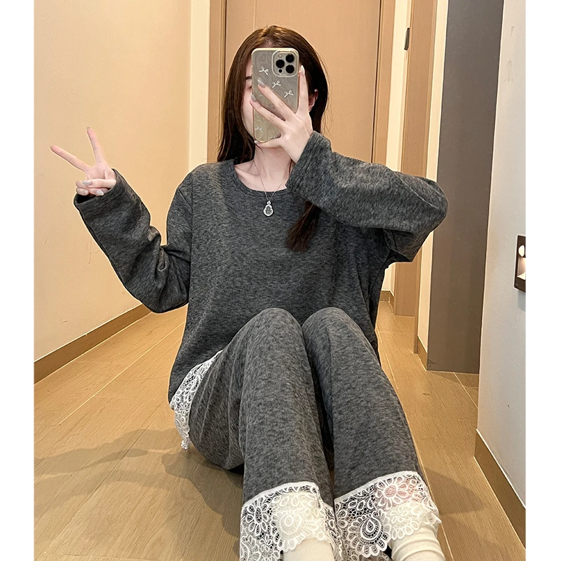 Meng luan/梦鸾高级感薄绒睡衣女甜美蕾丝秋冬季带胸垫家居服套装