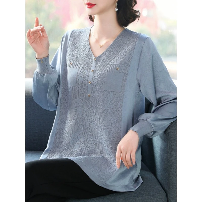 妈妈秋装套装新款大码上衣宽松长袖衬衫中老年春秋洋气针织打底衫