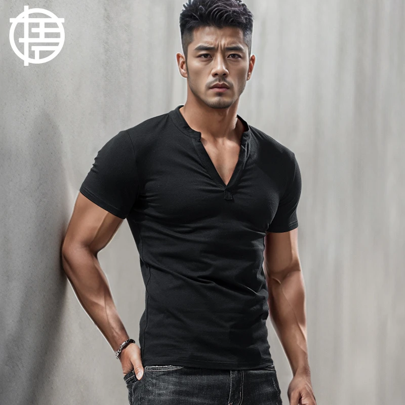 小立领短袖T恤男修身纯色棉弹力紧身打底衫夏季深V领半恤体恤上衣