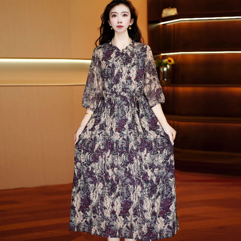 紫褐雅韵裙   洋气时尚中长款夏季时连衣裙百搭遮肉裙子