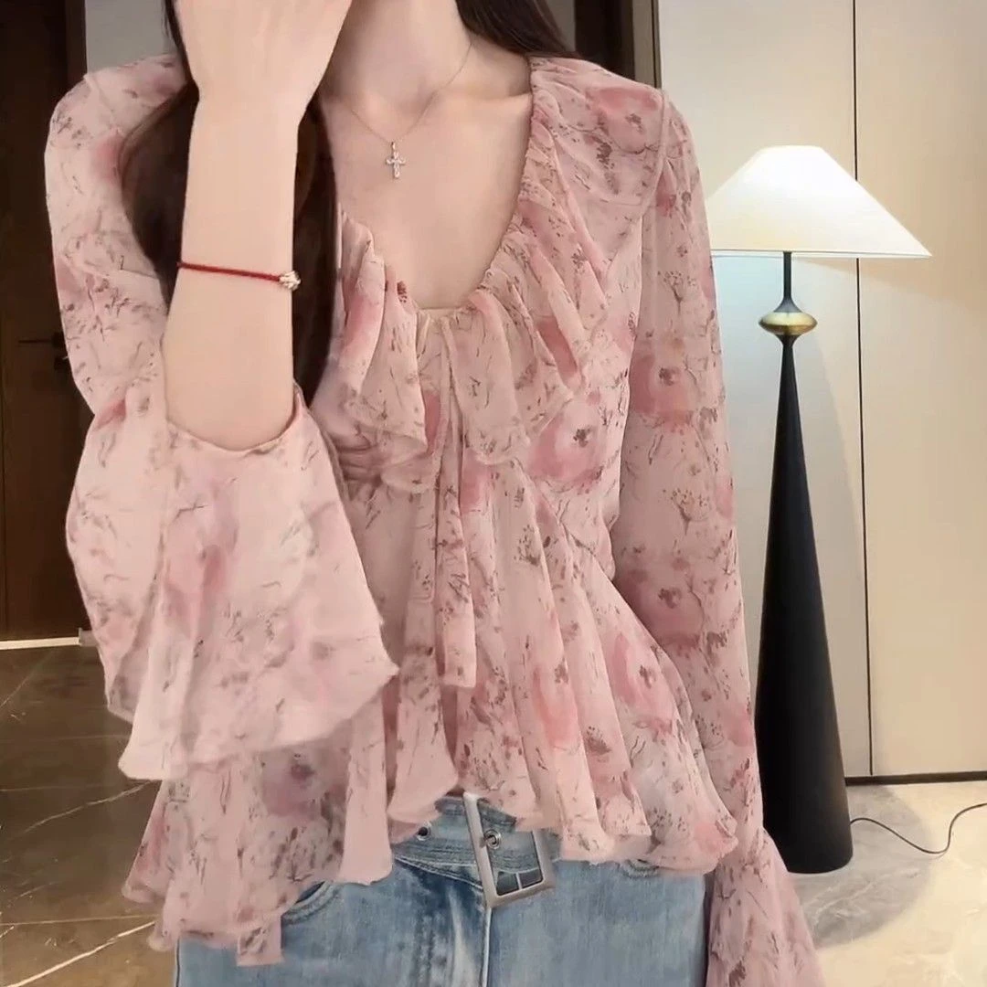 法式复古温柔风碎花荷叶边拼接V领长袖衬衫女春季新款别致上衣ins