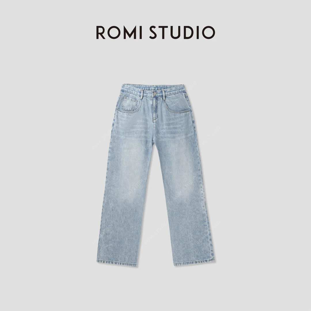 ROMI STUDIO“随性优雅” 斜纹棉高腰直筒洗水蓝牛仔裤 23AWK255