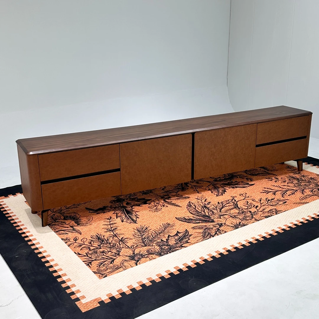 美式轻奢中古风复古风大理石马鞍皮电视柜客厅家具新中式风可定制