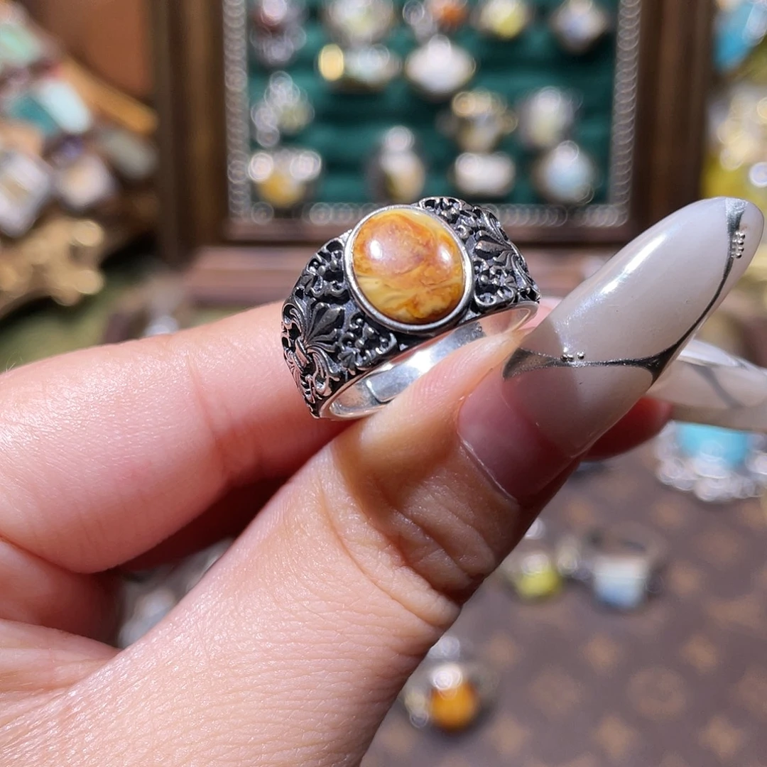 琥珀银S925镶嵌戒指戒指