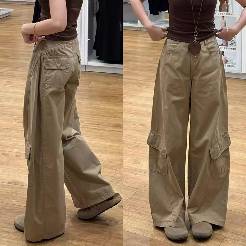 卡其色美式弯刀裤女秋季2025新款宽松显瘦工装裤小个子高腰阔腿裤