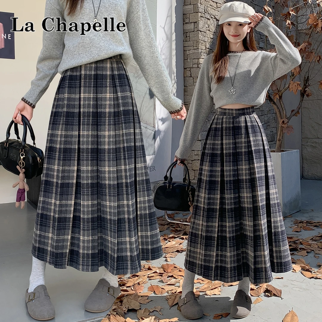 拉夏贝尔毛呢格子半身裙女秋冬高腰显瘦a字裙休闲中长款百褶裙女