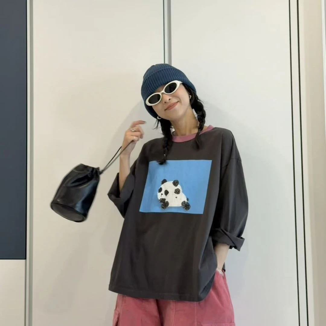｛귤 언니｝co日式水洗拼接小熊猫厚T恤