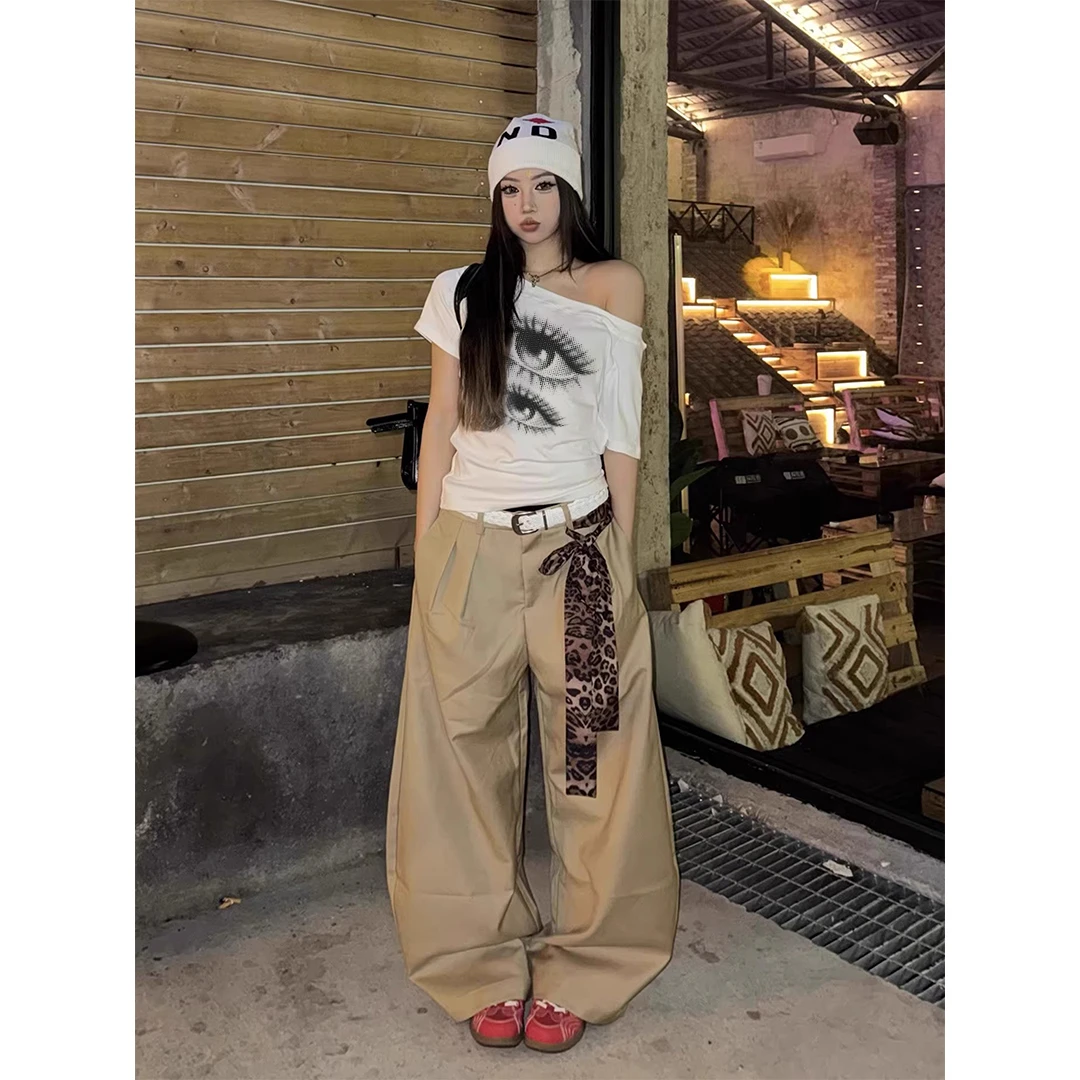 夏季新款穿搭斜肩上衣短袖t恤女美式复古辣妹纯欲风设计印花上衣