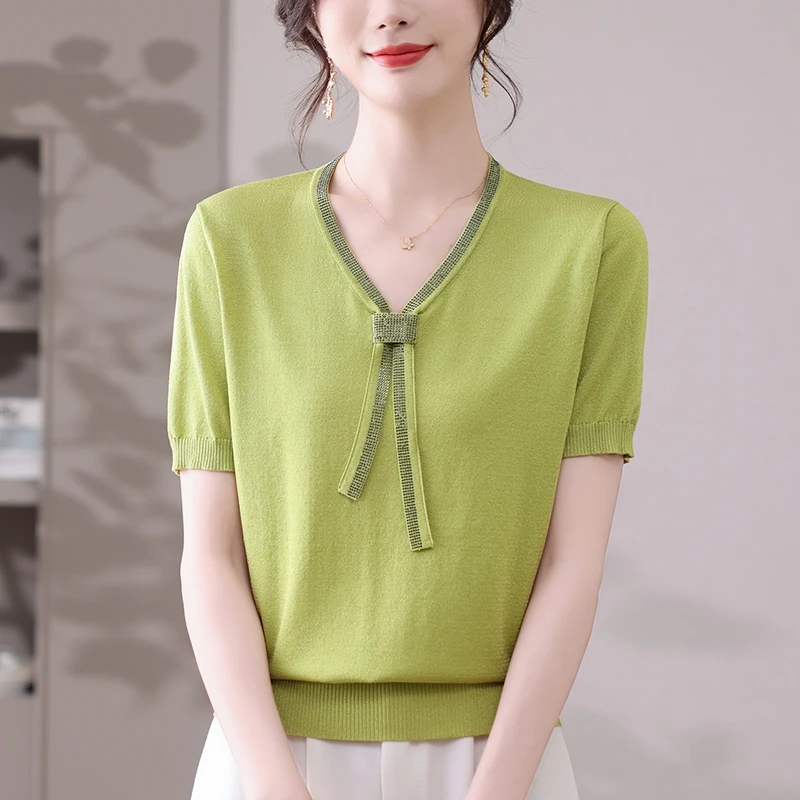 冰丝针织衫女士夏装2025新款爆款V领上衣宽松显瘦薄款大码短袖T恤