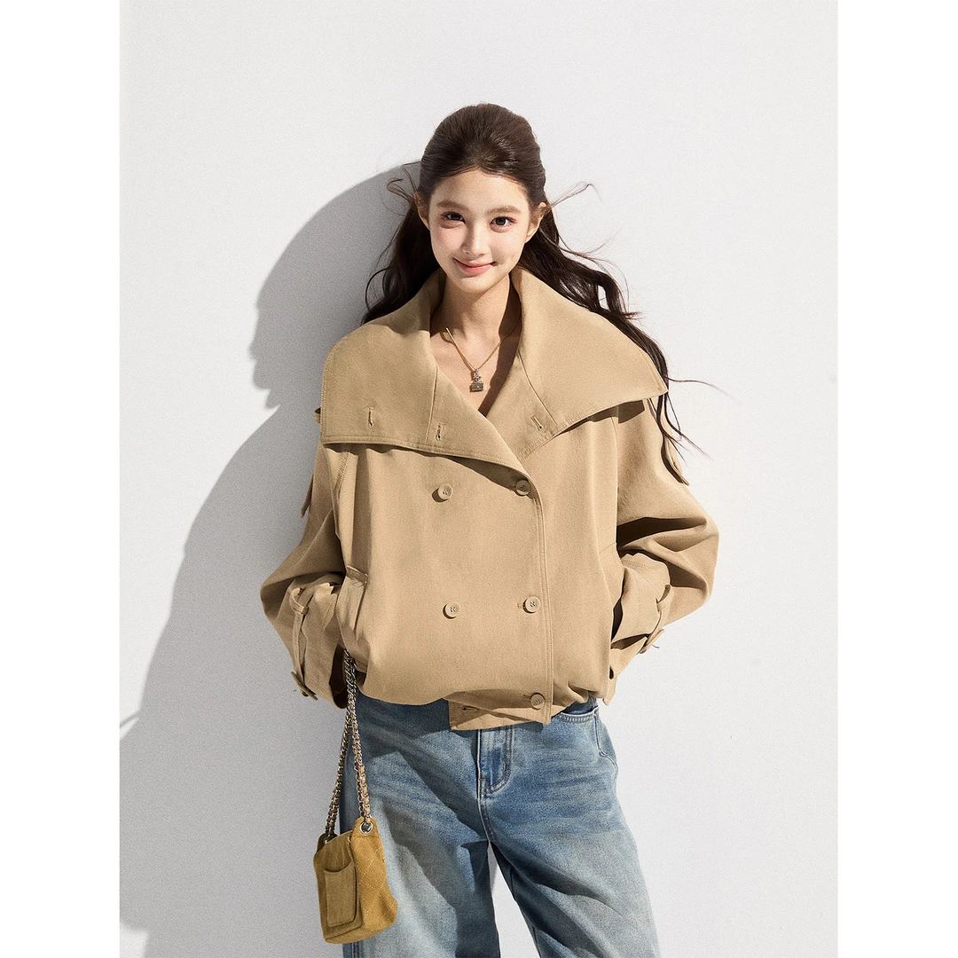 卡其色立领双排扣风衣女2025秋冬季新款韩系气质宽松短款外套上衣