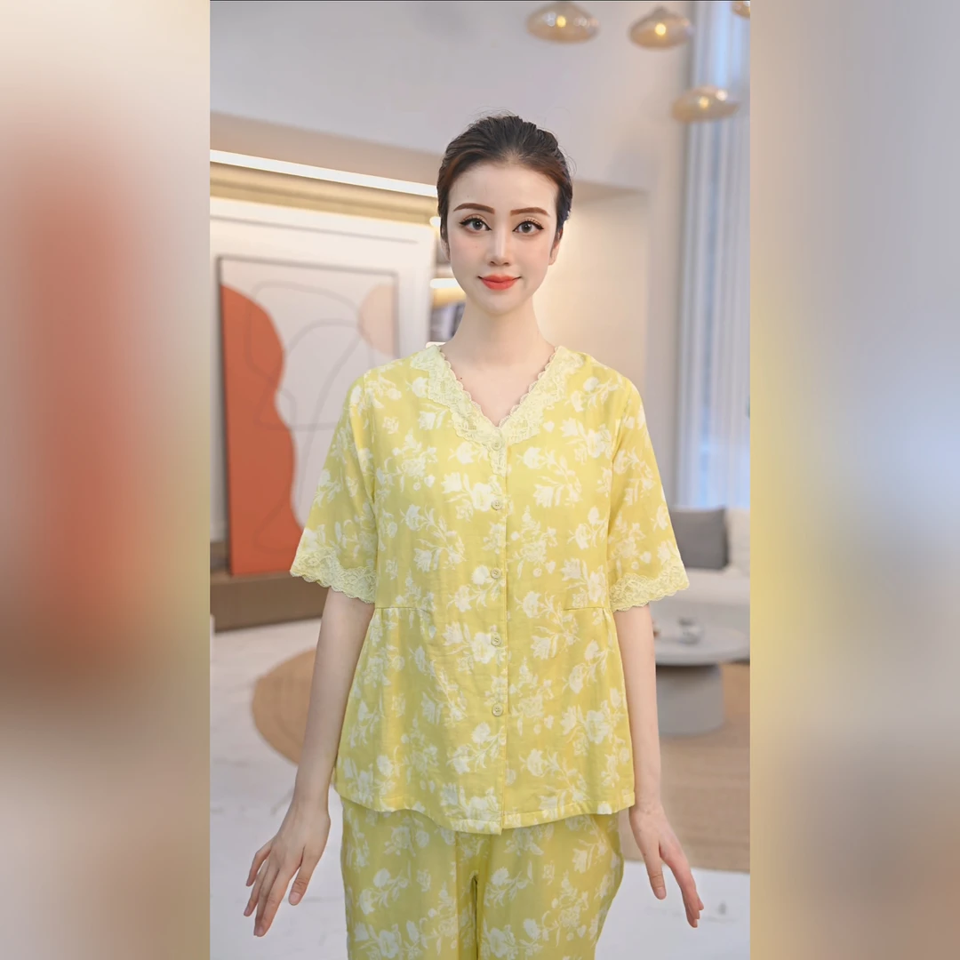 秋鹿春日花风铃木薄款五分袖九分裤睡衣家居服套装