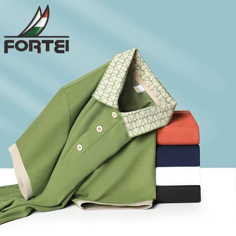 FORTEI/富鋌纯色夏季格子拼接短袖免烫Polo衫春秋宽松休闲POLO衫