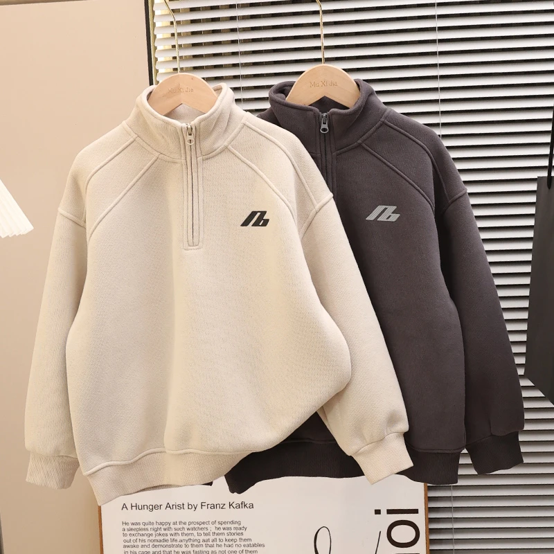 男童秋冬款卫衣加绒加厚2025新款中大童冬装一体绒儿童半高领上衣