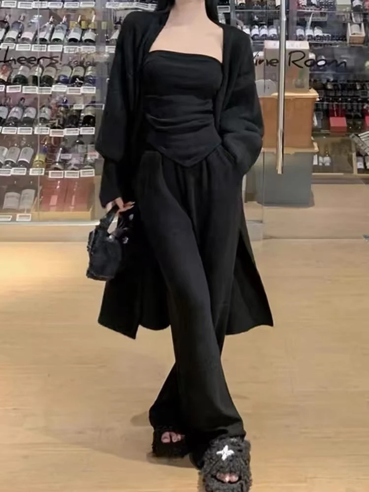 纯欲不规则抹胸上衣宽松阔腿裤慵懒风开衫休闲时尚套装