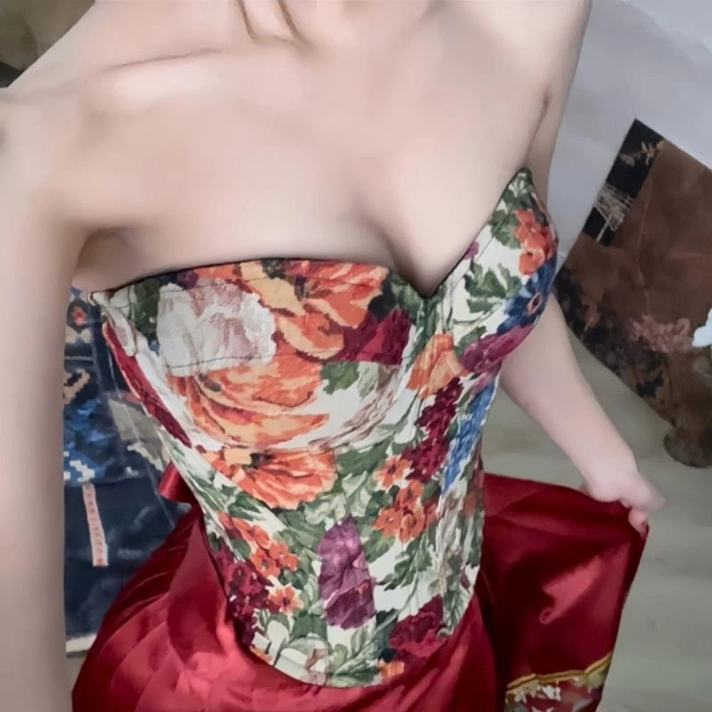 25801-（带胸垫）提花法式真鱼骨复古高级感抹胸