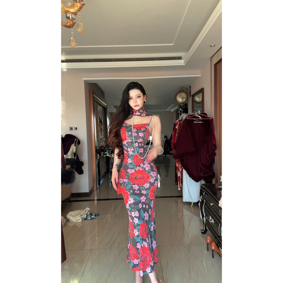 原创自制【媚骨】法式复古玫瑰满印花吊带连衣裙气质包臀长裙夏季
