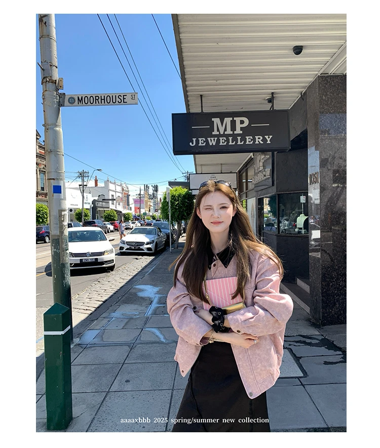 玫瑰茶渍 巴恩风两色拼接领外套女宽松廓形口袋显瘦上衣