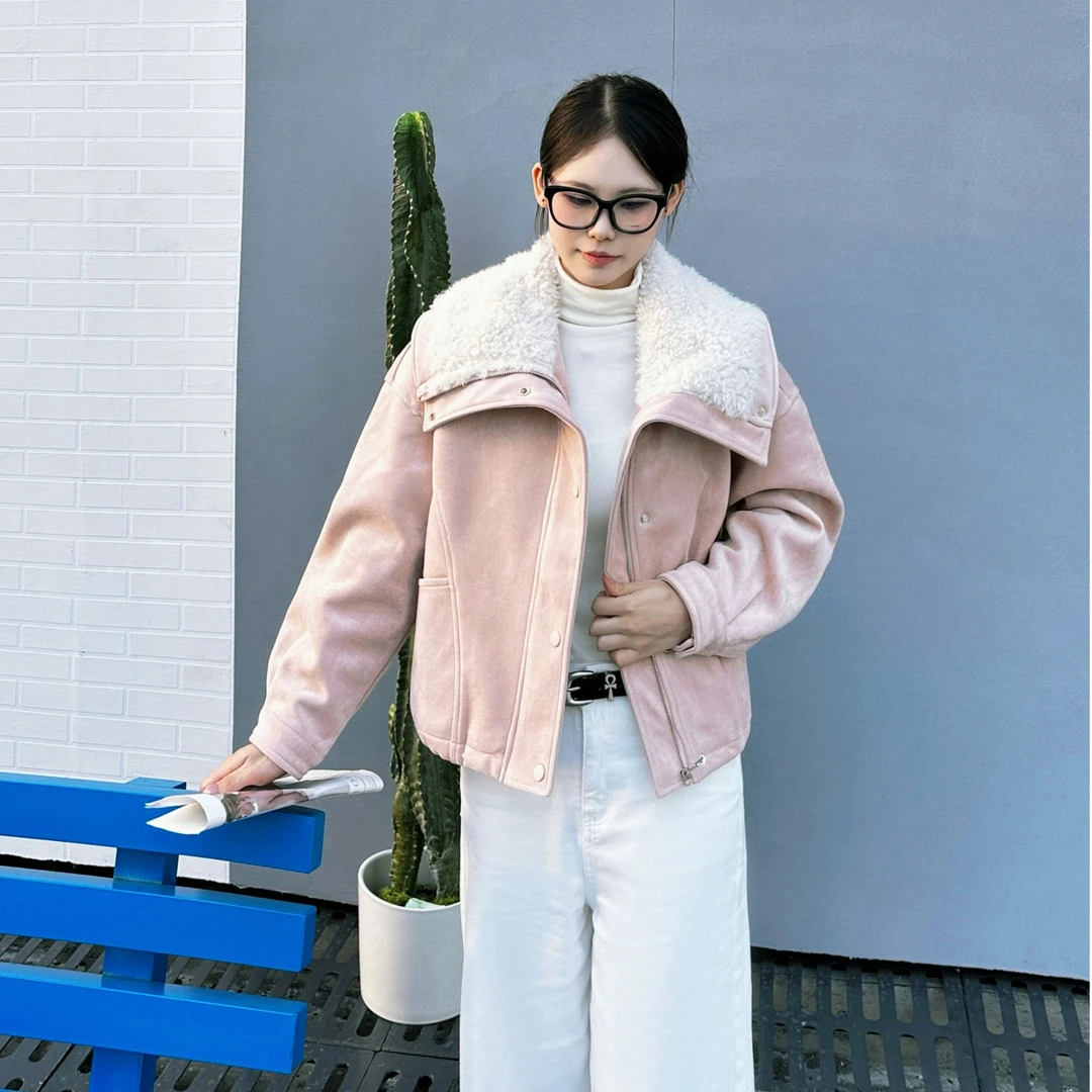 61232#衣长52韩版洋气减龄仿羊羔毛大翻领皮毛一体短款麂皮绒外套