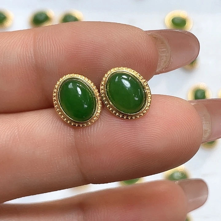 和田玉（碧玉）银S925镶嵌耳饰