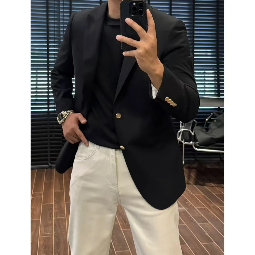 【绵羊毛商务休闲西服】秋季戗驳领意式绅装金属扣免烫西服+6620