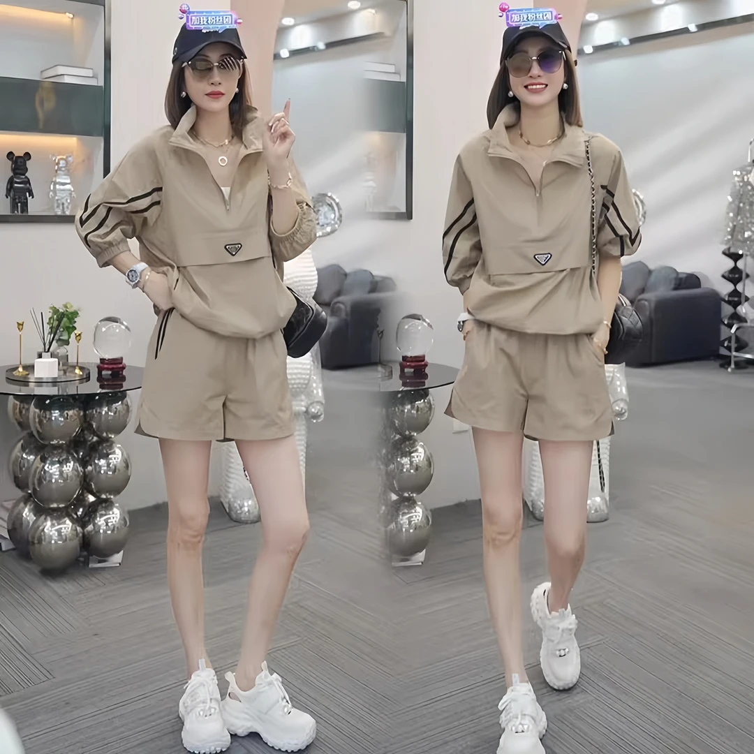 胖mm夏季新款时尚休闲运动套装女300斤洋气显瘦防晒衣短裤两件套