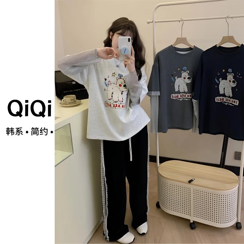 七七定制【卷毛小狗】休闲时尚琉璃纱袖假两件拼接运动T恤251209