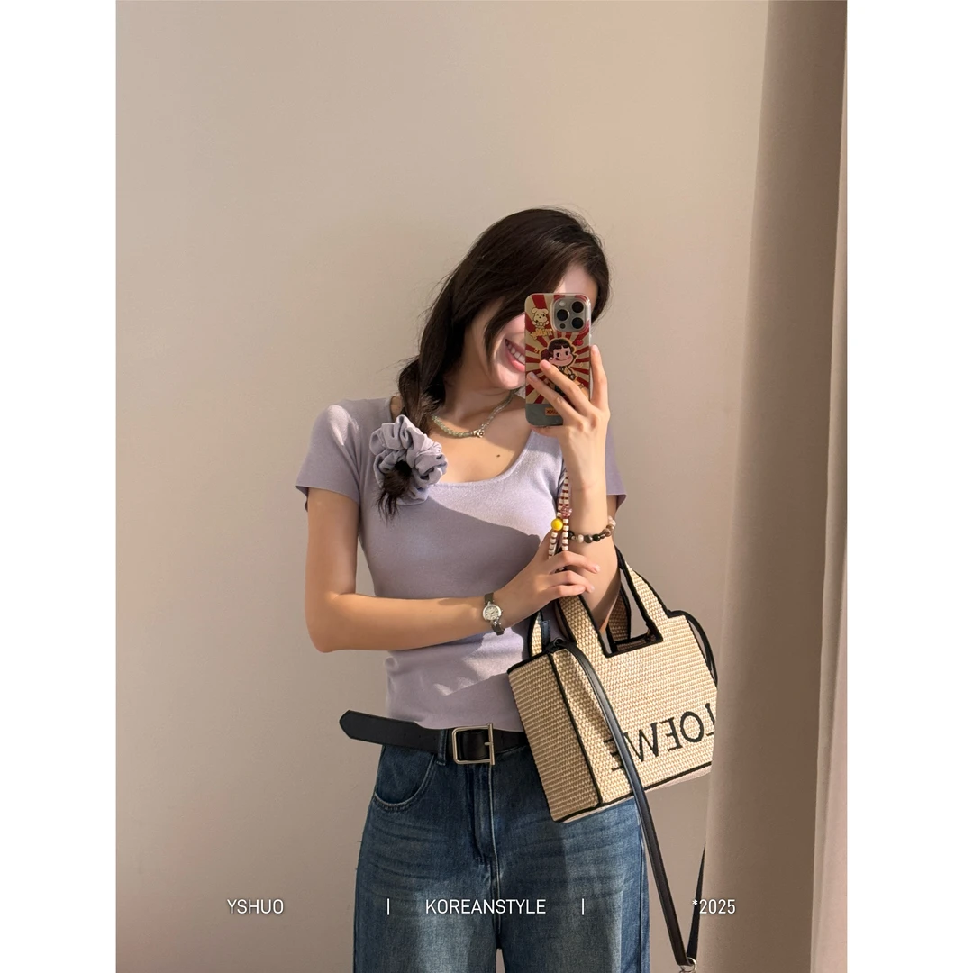 【甜梦初夏】欧若风镂空露背短袖弹力显瘦带发圈两件套25128