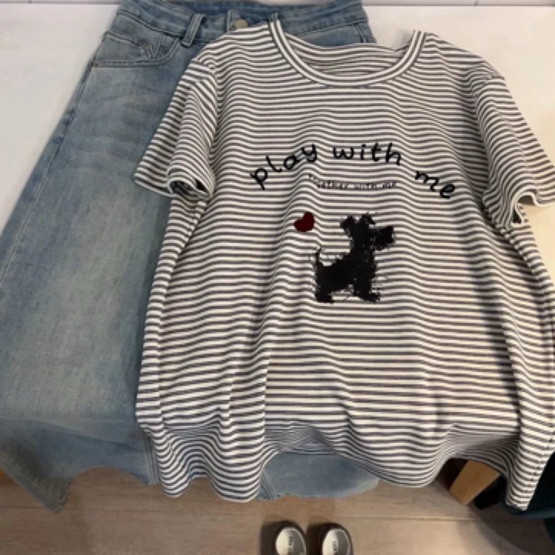 ARRLMORRE品牌【条纹小狗】撞色条纹卡通减龄韩版棉T短袖