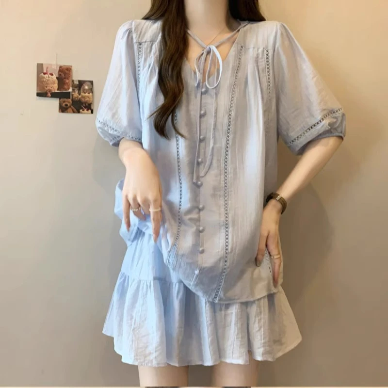 大码女装夏搭配一整套微胖mm炸街奶乖浅蓝色娃娃衫短裤雪纺两件套