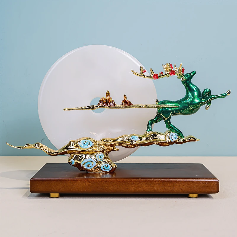 K738玉石合金珐琅彩鹿居家摆件装饰品客厅玄关大理石底座高端轻奢