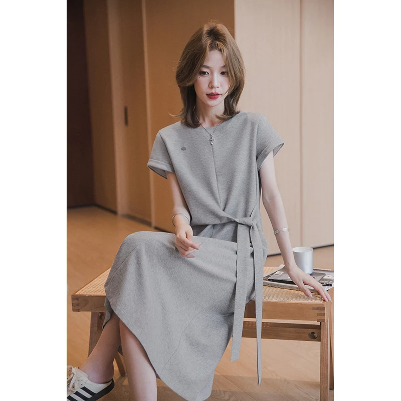 小谷粒灰色短袖针织裙连衣裙女小个子2025夏季新款气质减龄长裙子