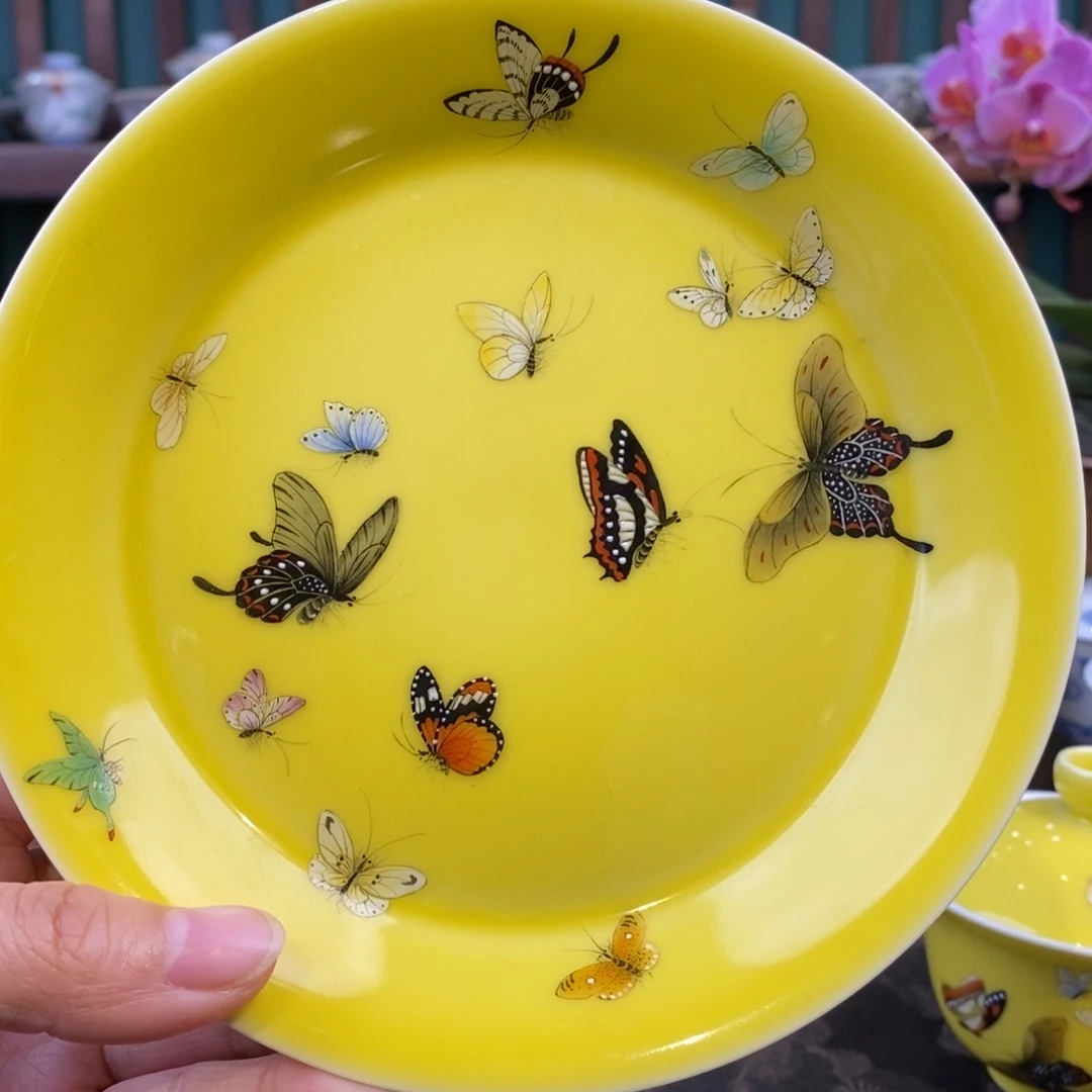 手工陶瓷晴春蝶戏图壶承