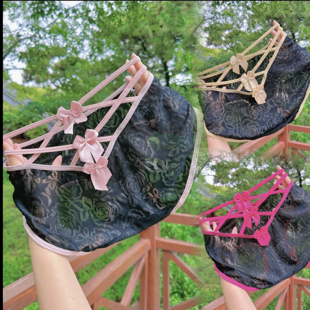 黑色性感蕾丝透气透明个性女士内裤中高腰蝴蝶结镂空纯欲风内裤