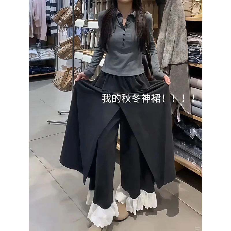 蕾丝花边裙裤女秋季2025新款小个子设计感拼接毛呢韩系休闲阔腿裤