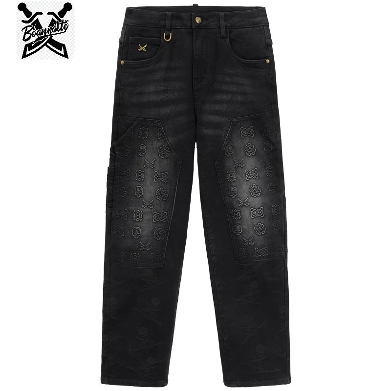 DA秋冬新款男士气质高端提花工艺潮流百搭深黑色男牛仔裤子--011