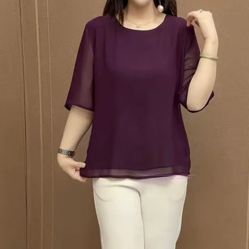 中老年妈妈装小衫T恤时尚减龄大方气质百搭圆领纯色上衣夏季新款