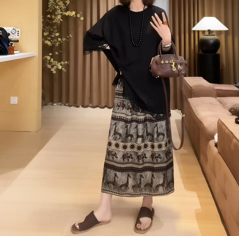 欧货2025夏季新款小象半身裙女大码梨型胖m设计百搭显瘦开叉a字裙