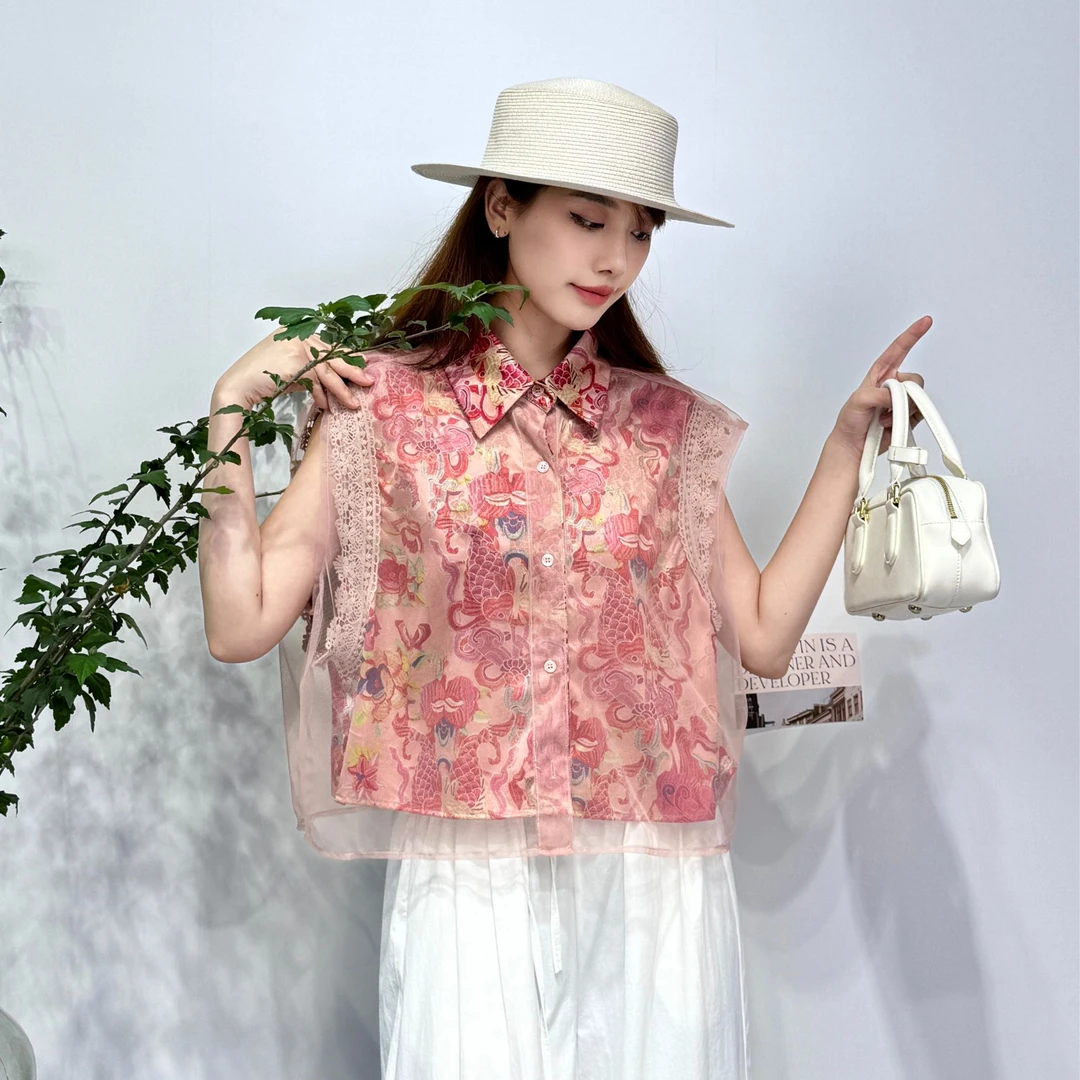 215#欧货2025夏季新款新中式国风印花拼欧纱衬衫无袖上衣背心