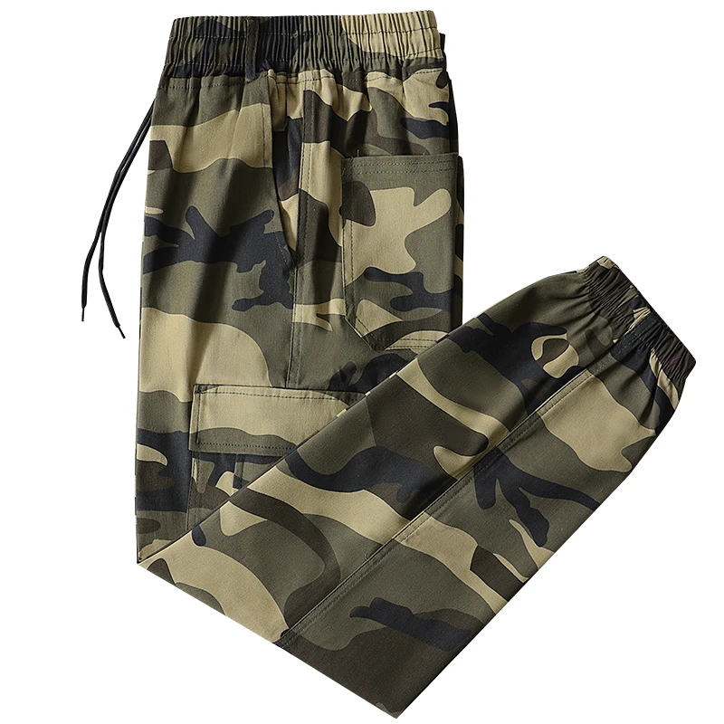 春秋弹力加裆裤子男宽松百搭潮流束脚迷彩裤户外休闲加厚工装裤男