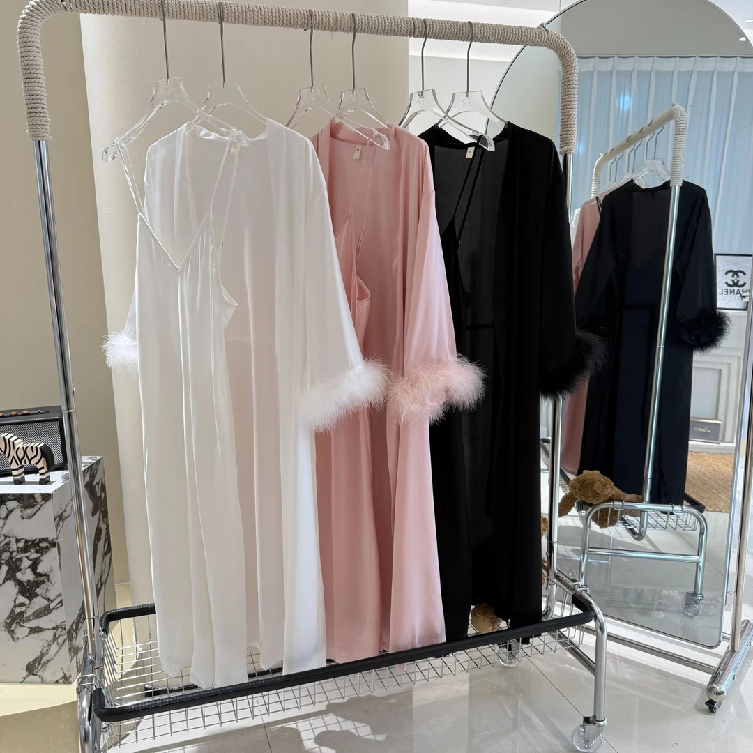 法式性感睡衣女加长款冰丝V领吊带睡裙睡袍两件套鸵鸟羽毛家居服